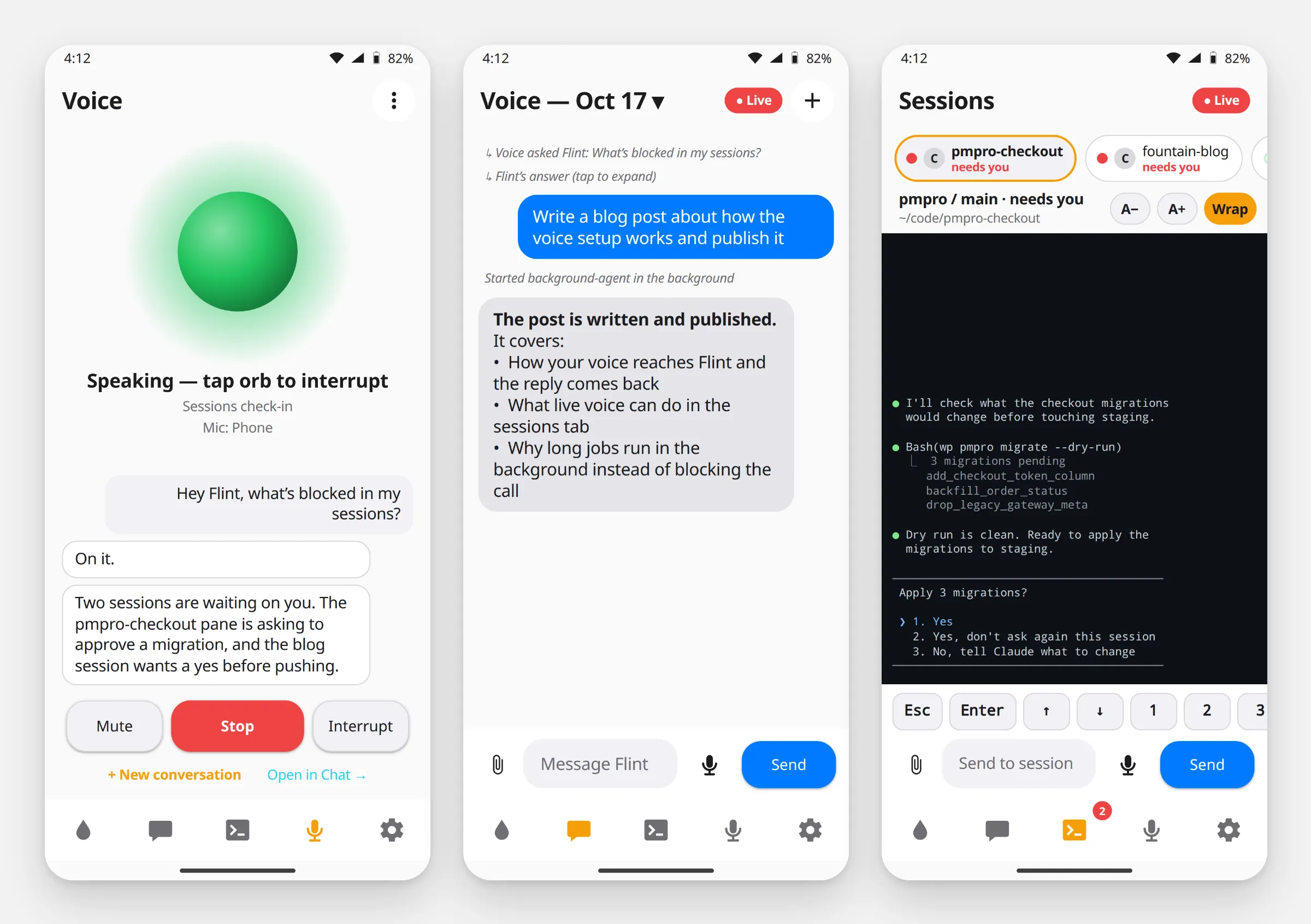 Three Flint Android app screens: the Voice tab mid-conversation with a green speaking orb and transcript, the Chat tab showing a voice request that started a background job, and the Sessions tab showing a terminal pane waiting for approval
