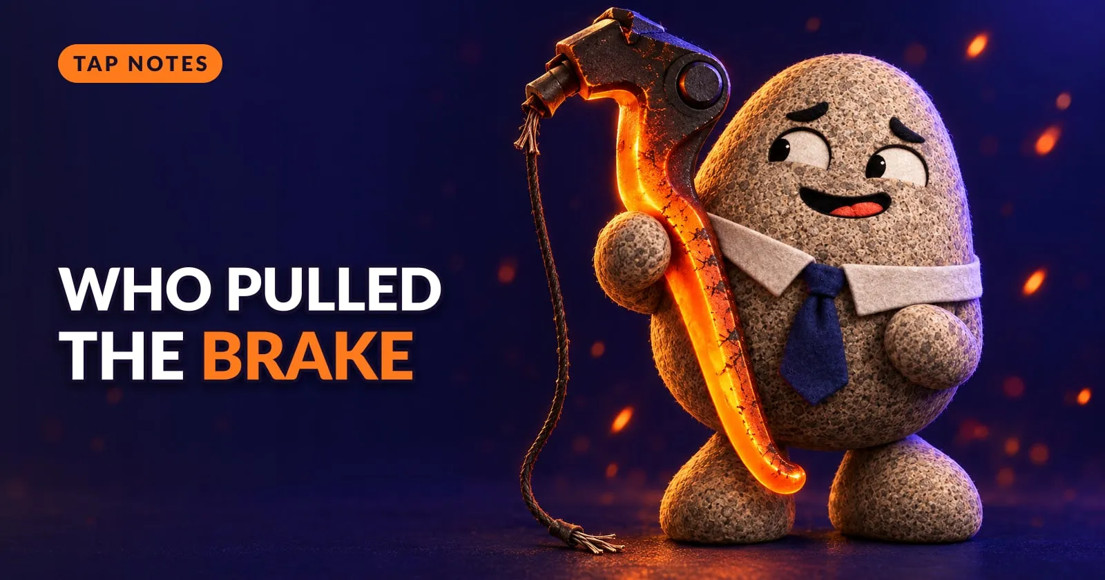 Flint the rock mascot sheepishly holds a giant glowing snapped-off brake lever with a frayed cable. Text: Who pulled the brake.