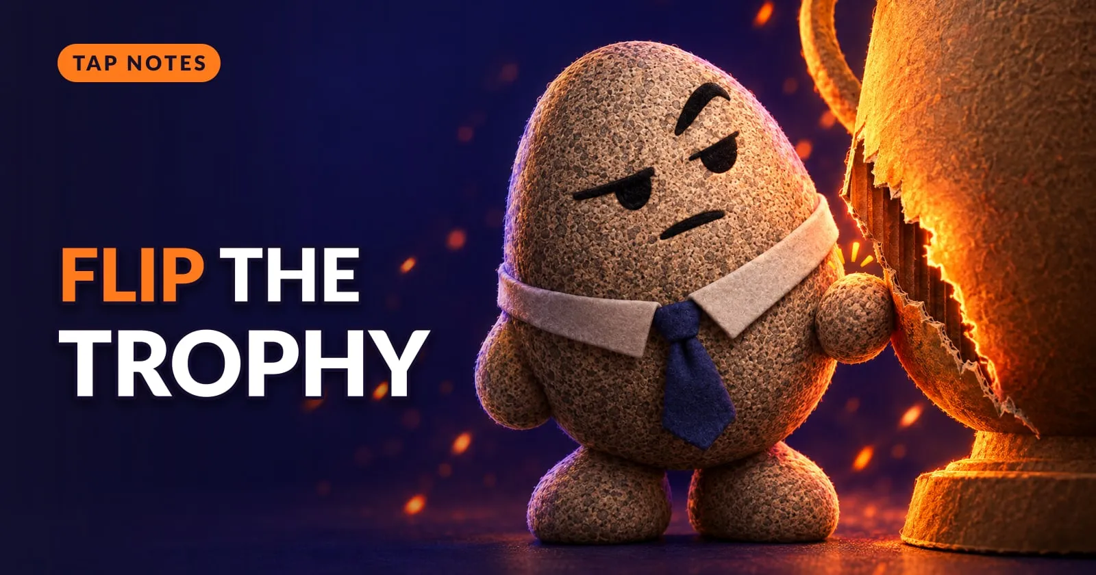 Flint the granite rock mascot eyes a giant glowing trophy suspiciously, tapping it to show it's hollow cardboard.