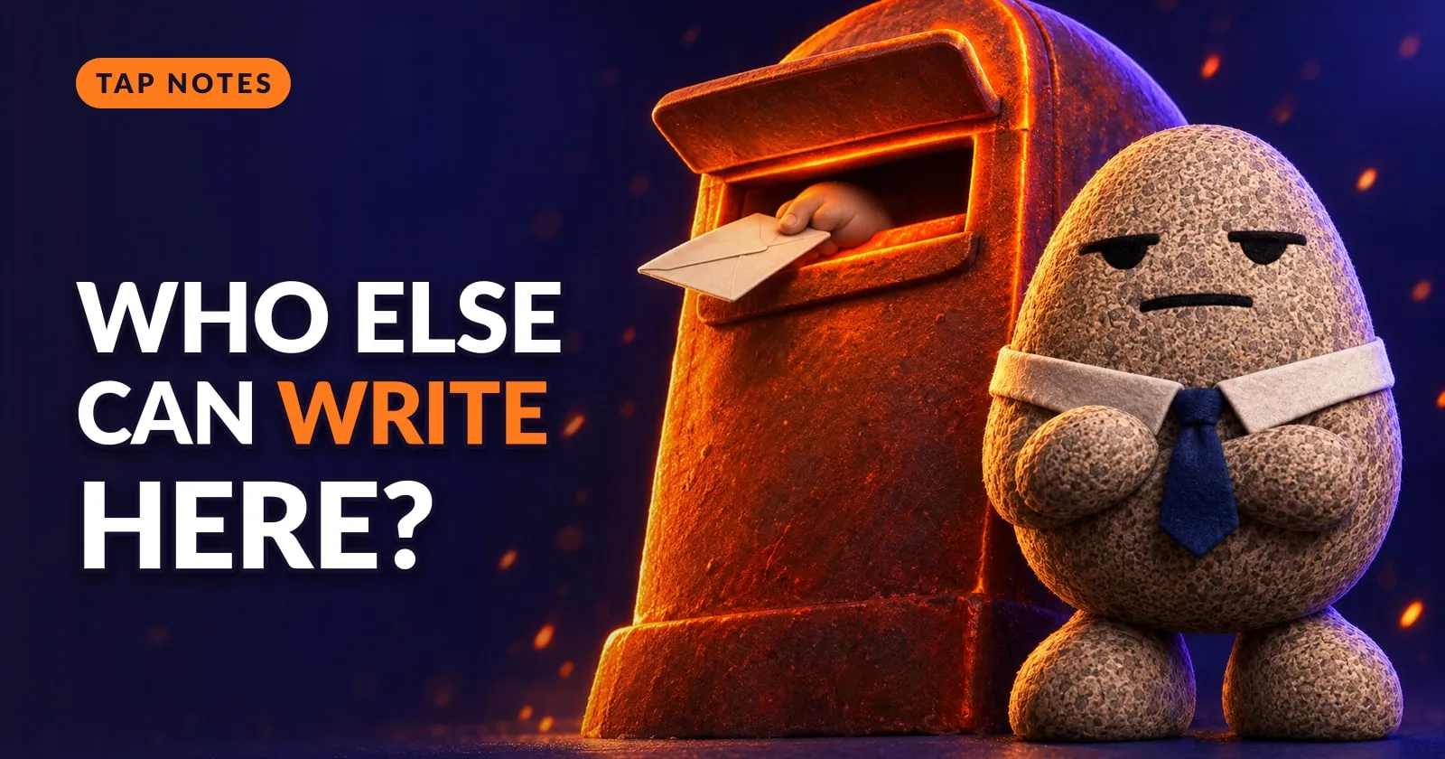 Flint the granite rock mascot stares deadpan beside a giant glowing mailbox with a stranger's hand slipping an envelope through the slot.