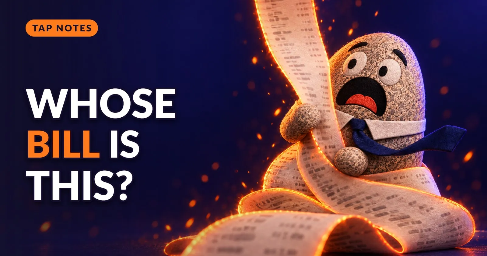 Flint the granite rock mascot panics, tangled in a giant glowing orange receipt that spills across the floor.