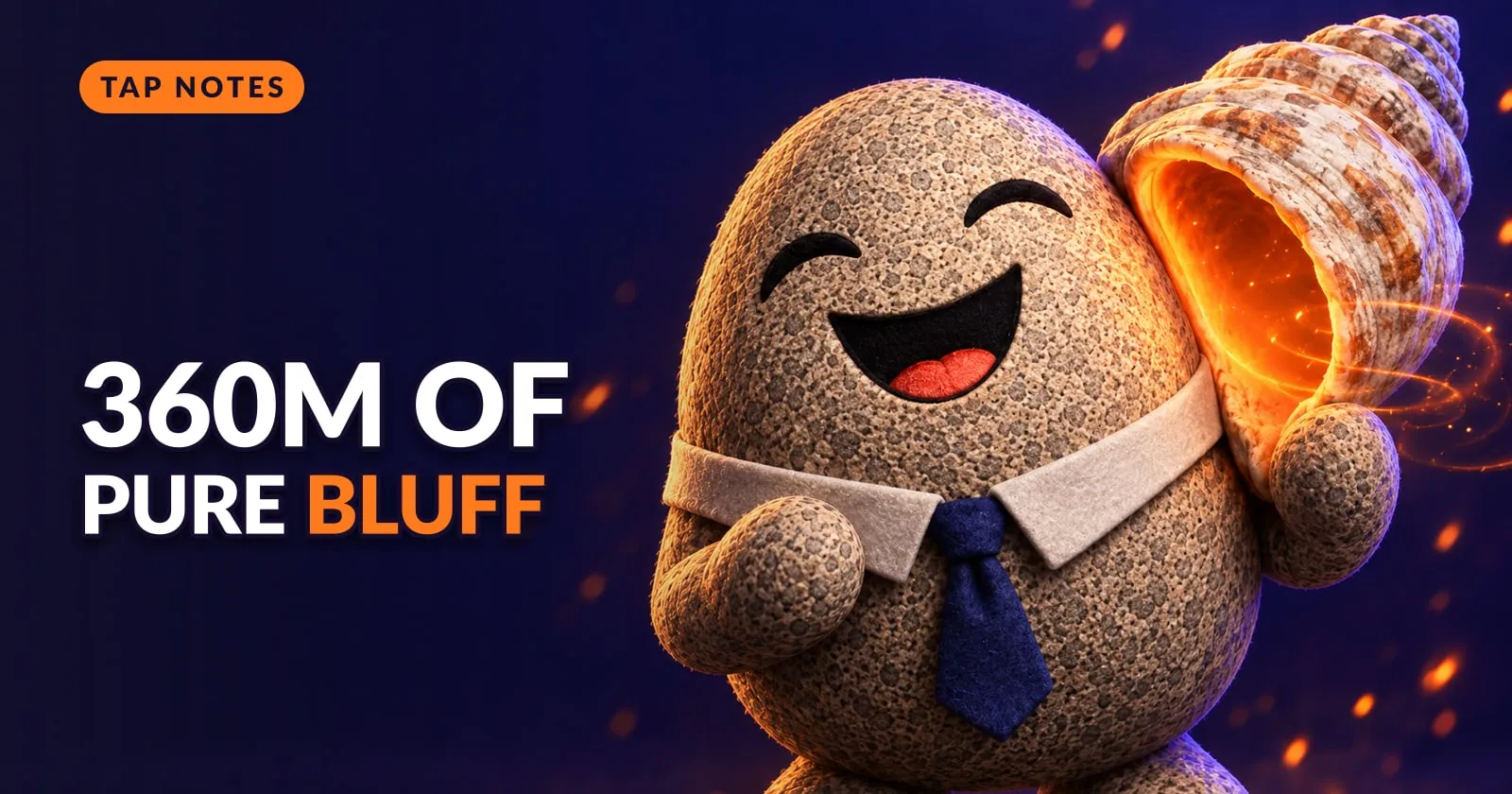 Flint the granite rock mascot grins while holding a giant glowing orange seashell to his ear, as if listening to a fake ocean.