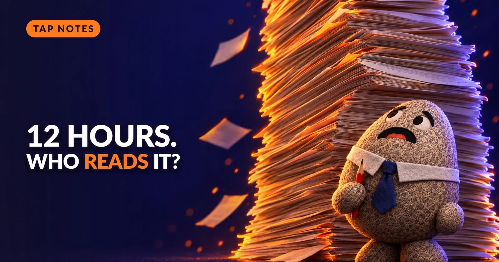 Flint the granite rock mascot gazes up in dismay at a towering glowing stack of printed code, holding one tiny pencil.