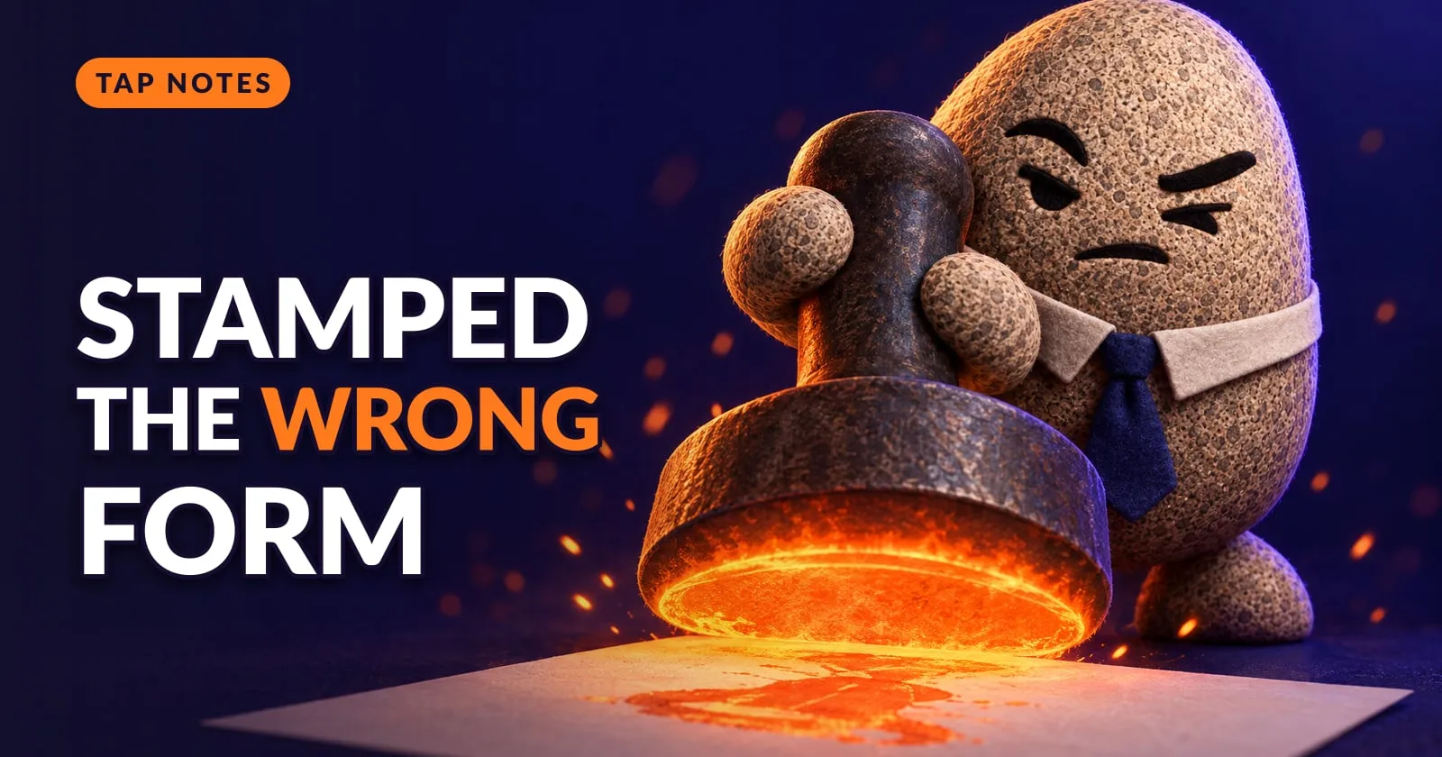 Flint the granite mascot eyes a giant glowing orange rubber stamp that just stamped the wrong shape on a blank page.