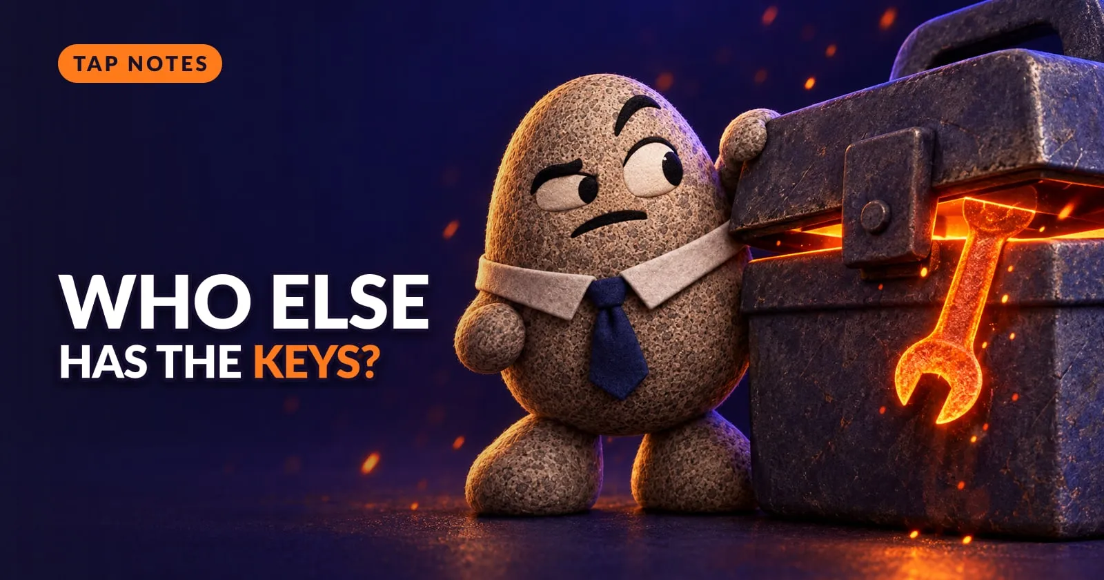 Flint the granite rock side-eyes a giant toolbox glowing orange through its half-open lid, text reading WHO ELSE HAS THE KEYS?