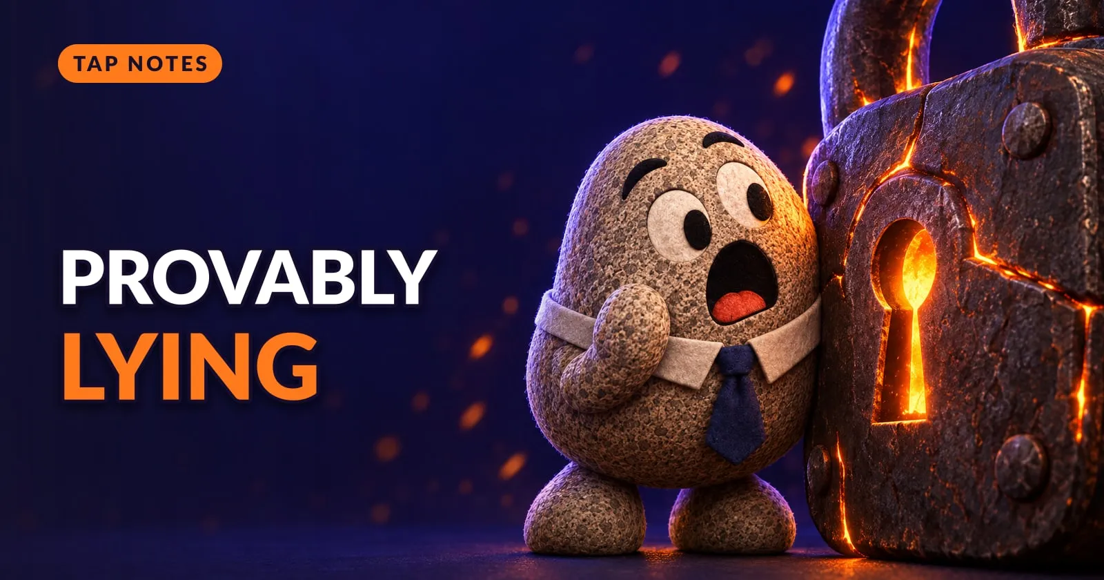 Flint the granite mascot gasps in shock beside a giant padlock leaking orange light from its keyhole.