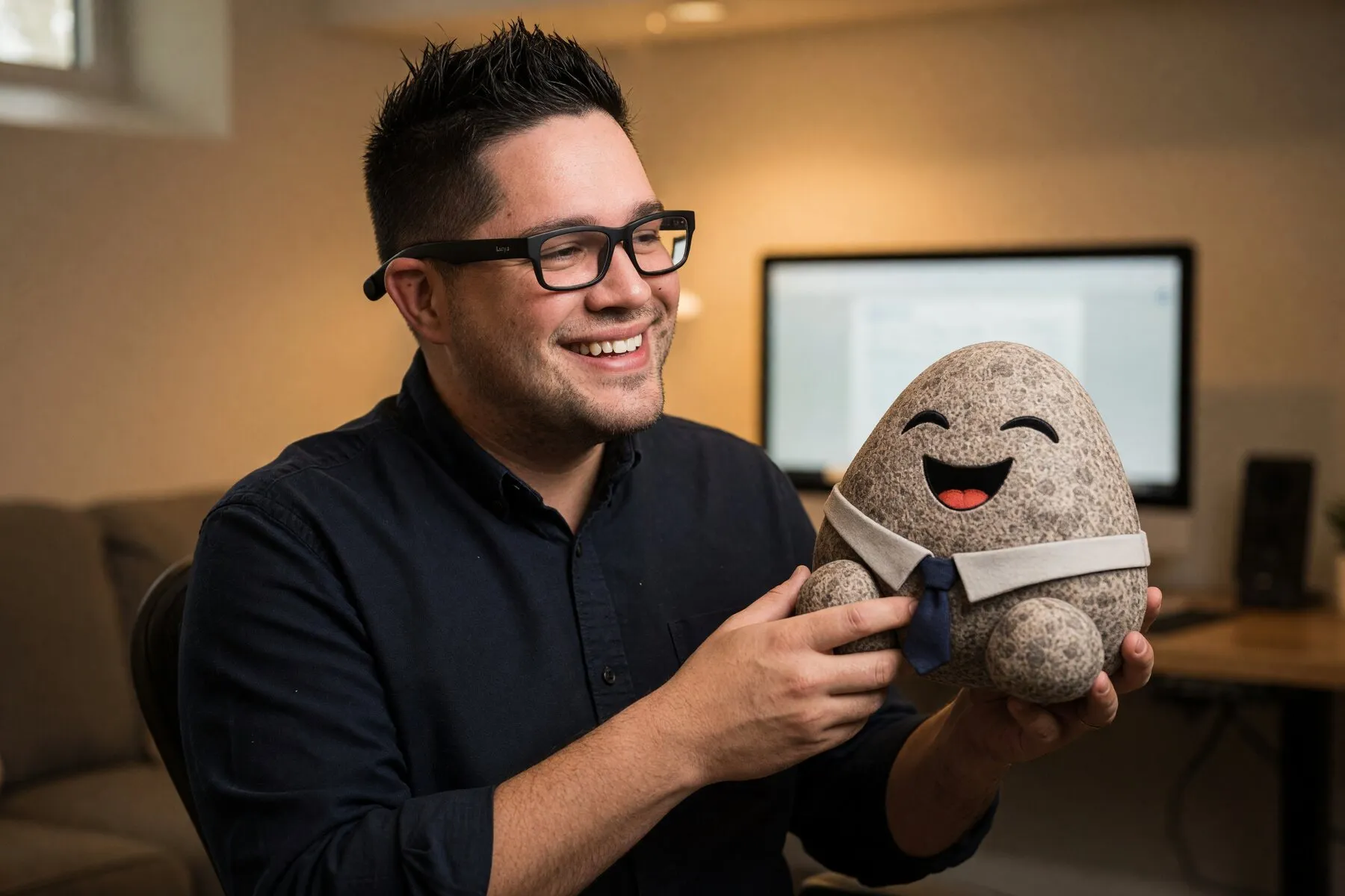 Jason smiling in Lucyd audio glasses, holding a plush Flint rock with a collar and tie